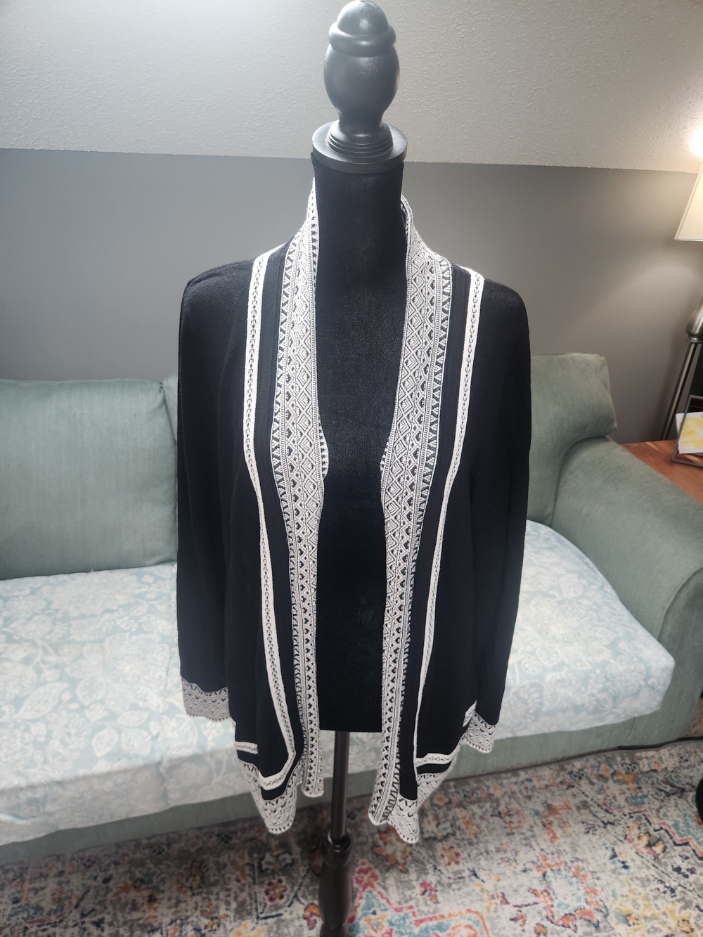 Laura Ashley Black Open-Front Cardigan with White Trim Medium Petite Boho!